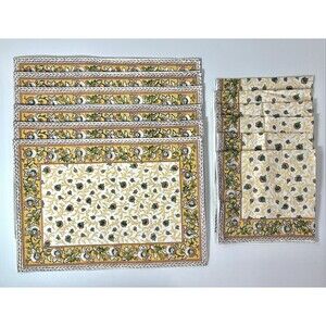 Set, 12 pc, 6 Napkins and Placemats Yellow Indian Hand Block Floral Print Design